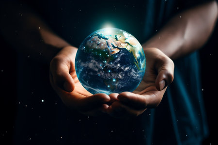close up of hands holding planet Earth. environment pollution, save clean planet and ecology, sustainable lifestyleの素材