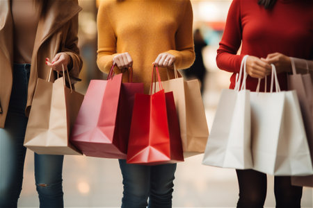 close up of females holding paper shopping bags walking in shopping centreの素材