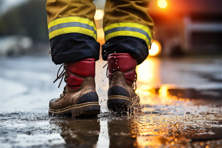 firefighter's feet close up, firefighter standing on the streetの素材