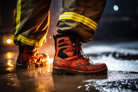 firefighter's feet close up, firefighter standing on the streetの素材