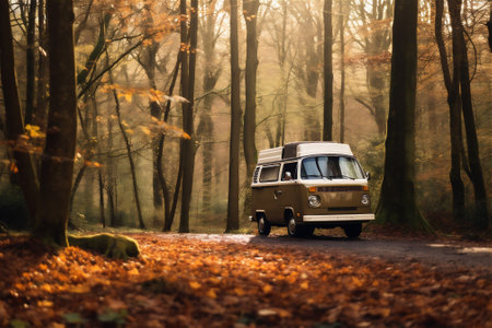 Campervan and Motorhome driving on a road with a view in woods in autumnの素材