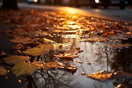 autumn orange leaves in a puddleの素材
