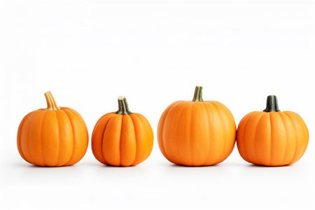 orange pumpkins in a row isolated on a white backgroundの素材