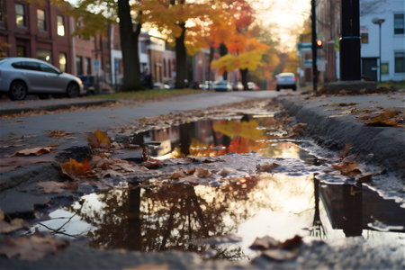 autumn orange leaves in a puddle with trees aroundの素材
