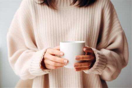 female holding a cup of hot drink close upの素材