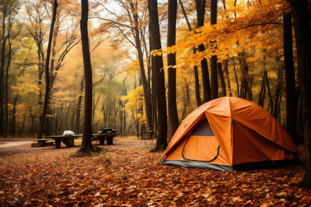 Camping and tent in a forest in autumnの素材