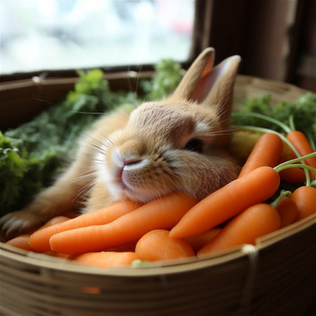 Rabbit laying in vegetables. bunny and carrots .の素材