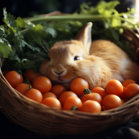 Rabbit laying in vegetables.の素材
