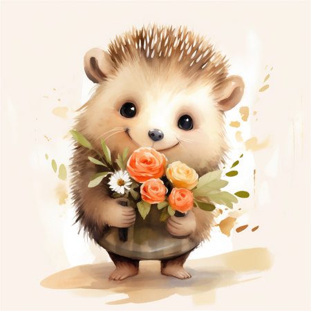 hedgehog holding flowers in handの素材