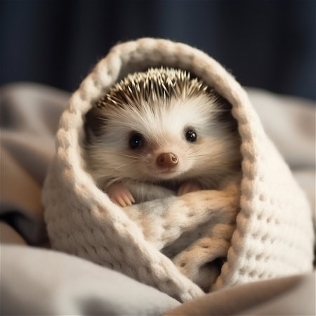 Hedgehog laying in a blanket on Black Backgroundの素材