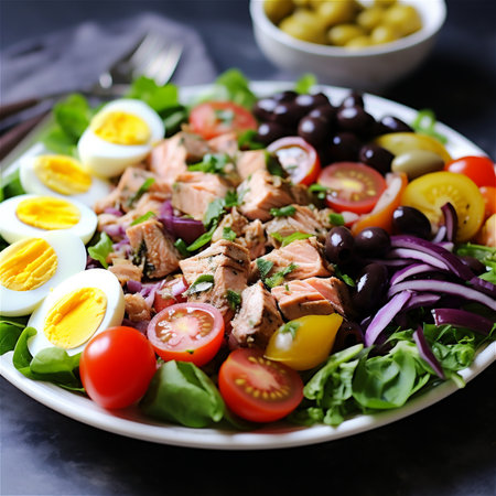 French salad Nicoise with tuna, eggs, tomatoes, olives, lettuceの素材