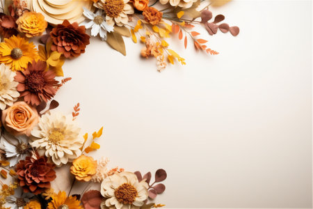 Stylish autumn flat lay. Colorful autumn flowers composition on white background with copy spaceの素材