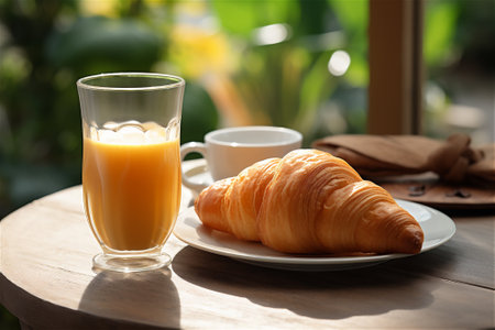 Street outdoor cafe cup of coffee, orange juice, croissant. Breakfast out.の素材