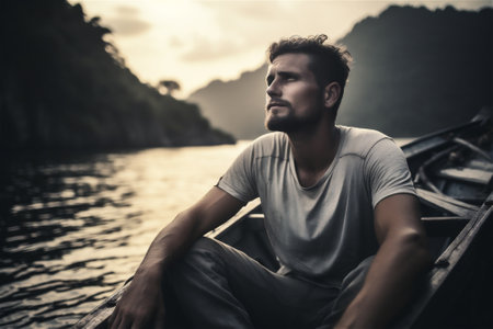 Man fishing on a lakeの素材