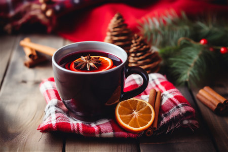 a cup of aromatic hot mulled wine on christmas backgroundの素材