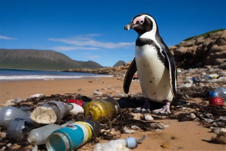 A penguin teddy surrounded by rubbish and trash on a beautiful beachの素材
