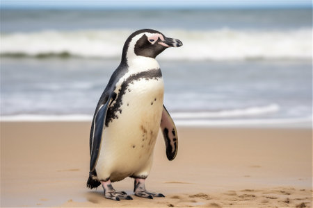 a single penguin standing next to the seaの素材
