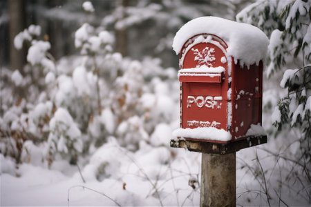 red mailbox on a snowy day covered in snow in winterの素材