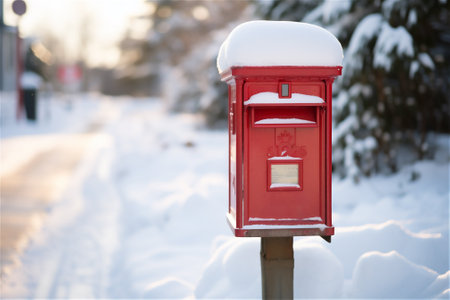 red mailbox on a snowy day covered in snow in winterの素材