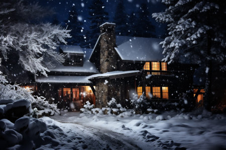Exterior of big illuminated house located in snowy forest in winter at nightの素材