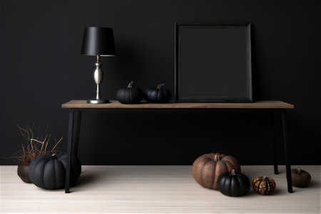 Mockup frame on table in living room interior on dark wall background, pumpkins for Halloweenの素材