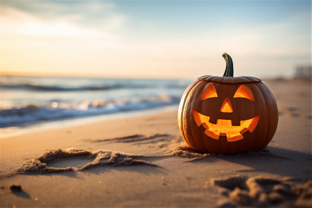 Pumpkin Jack-o'-lantern on a sandy beach for Halloween, with copy spaceの素材
