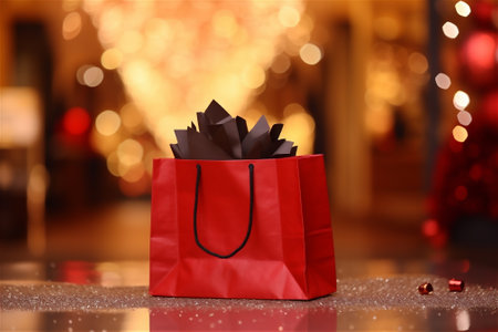 red gift shopping bag on christmas backgroundの素材