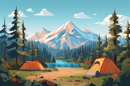 Camping and tent in the forest with mountains view. Panoramic landscape. Natural area with trees and green grassの素材