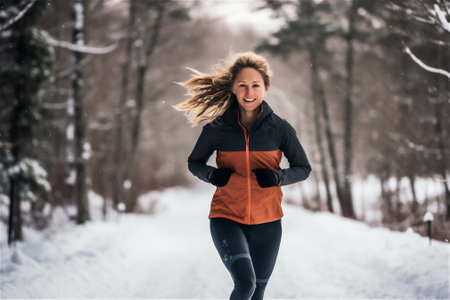 Winter running exercise. Runner jogging in snow. Young woman fitness model running in a city parkの素材
