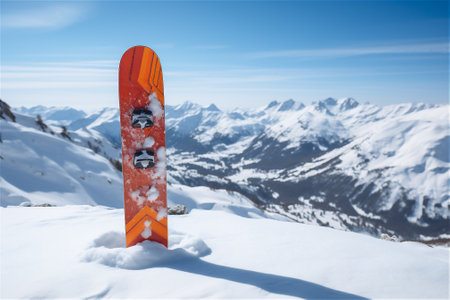 Snowboard in the snow over sun lit mountain peaks on background - winter vacation imageの素材