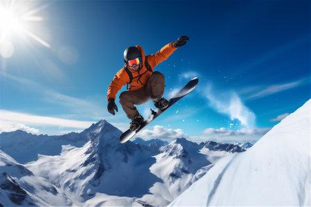 man going down the slope on a Snowboard in mountainsの素材