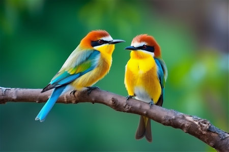 two little beautiful colorful birds in yellow, blue and brown colors sitting on a branch next to each other with blurred green trees backgroundの素材