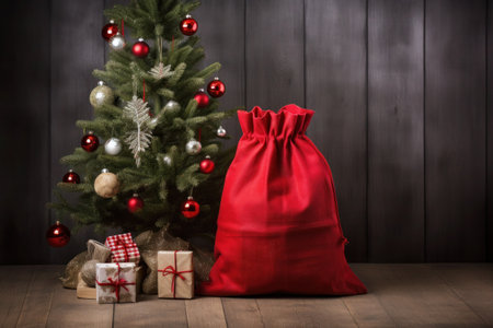 big red santa's sack with decorated christmas tree and presents next to itの素材
