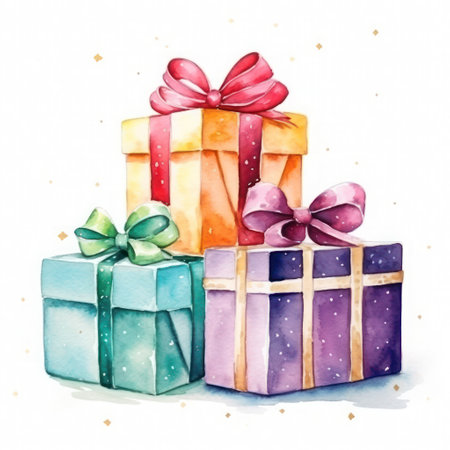 colorful presents boxes with bows on white background for Christmas, in watercolorの素材