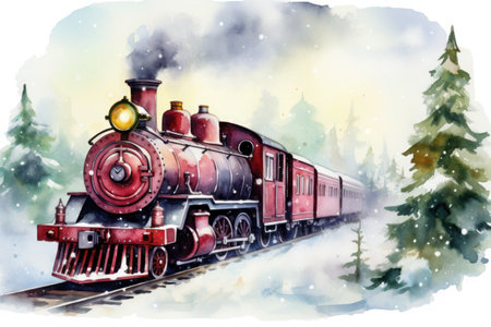 red steam train outside in watercolorの素材
