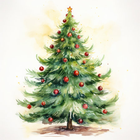 decorated christmas tree with a star on top in watercolorの素材