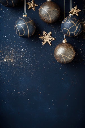 christmas golden and blue baubles and snowflakes decoration on dark blue background with copy spaceの素材