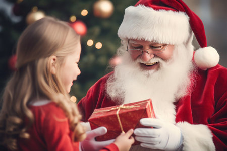 Santa Claus smiling giving a present to a little girl with decorated christmas tree on backgroundの素材