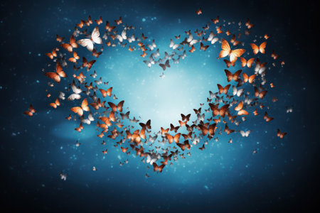 colorful butterflies flying in the air forming a heart on blue backgroundの素材