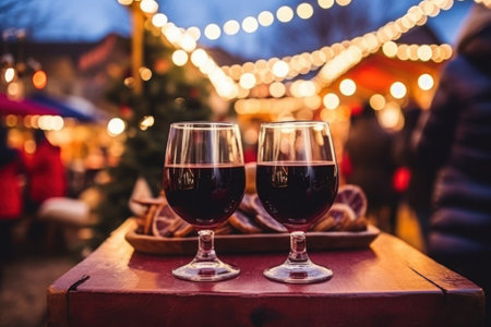 two glasses of mulled wine with oranges on a table with christmas market on backgroundの素材
