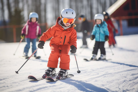 a little child wearing a snow suit skiing. kids learning to ski in winterの素材