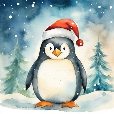 portrait of a penguin in santa's hat in winterの素材