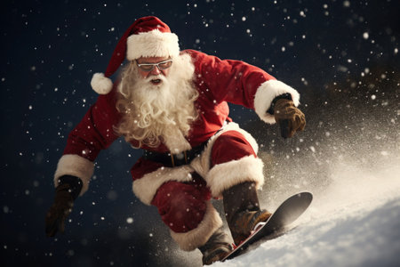 Santa on a snowboard in snowの素材