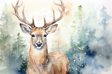 a portrait of a deer in winter Christmas retro style backgroundの素材