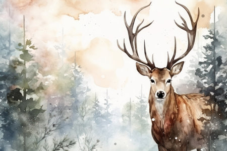 a portrait of a deer in winter in retro styleの素材