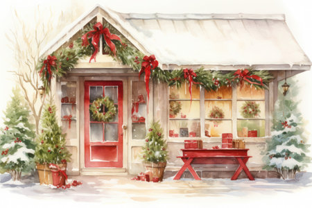 christmas shop in watercolorの素材
