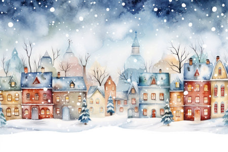 christmas village covered in snow in winter in watercolorの素材