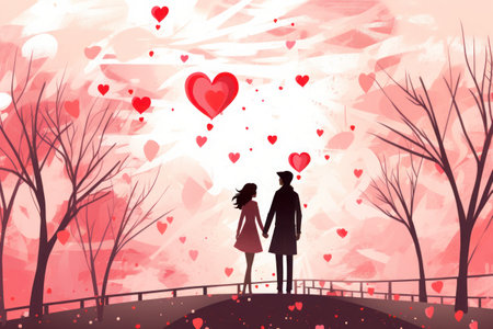 romantic couple with hearts around them outside for Valentines dayの素材