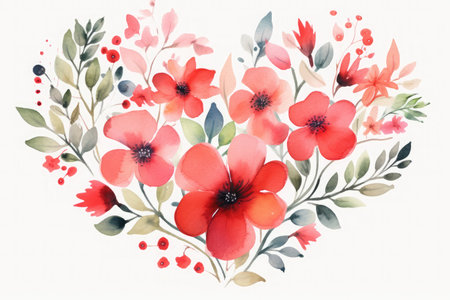 red flowers in a shape of a heart in watercolorの素材