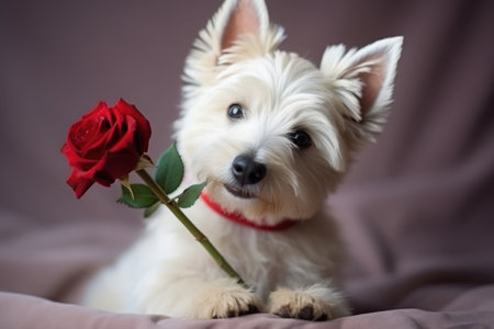 a portrait of a cute terrier dog with a red roseの素材